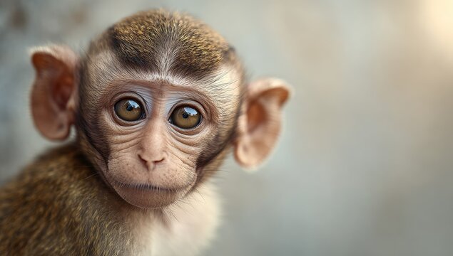 Close up of a curious monkey face in soft focus with copy space