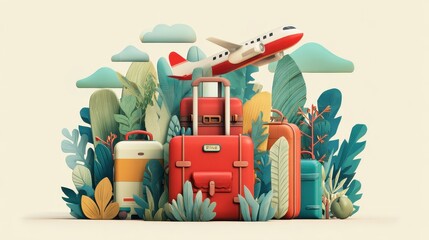 Naklejka premium Travel and tourism concept, ravel bag with plane, Airplane flying above tourists luggage, Illustrator Artwork.
