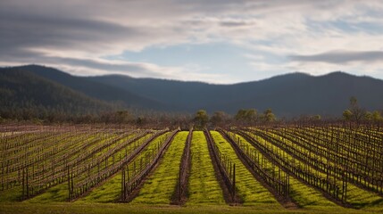 Fototapeta premium Serene vineyard landscape with orderly grapevine rows under natural sunlight, evoking tranquility and growth.