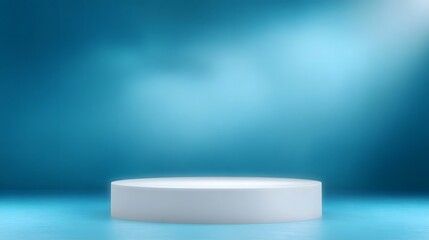 A white podium on a glossy blue surface illuminated by a bright spotlight against a softly blurred gradient background