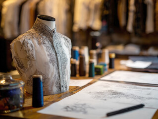 Close-up shot in a bespoke tailoring or design studio showing an ornate, patterned white fabric draped on a dress form. The workspace features design sketches, a drafting pen, thread spools