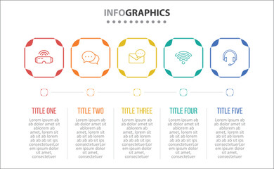 Vector Infographic design with icons. process diagram, flow chart, info graph, Infographics for business concept, presentations banner, workflow layout. 5 options or 5 steps. Horizontal Steps