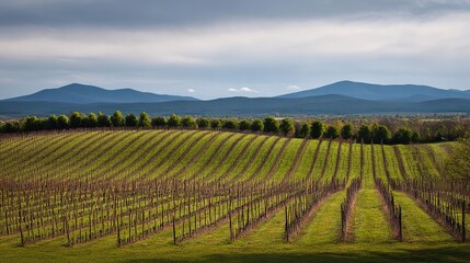 Fototapeta premium Serene vineyard landscape with orderly grapevine rows under natural sunlight, evoking tranquility and growth.