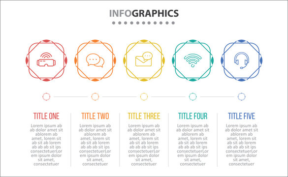 Vector Infographic design with icons. process diagram, flow chart, info graph, Infographics for business concept, presentations banner, workflow layout. 5 options or 5 steps. Horizontal Steps