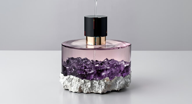 Luxury fragrance bottle with a unique amethyst crystal base showcasing a modern design