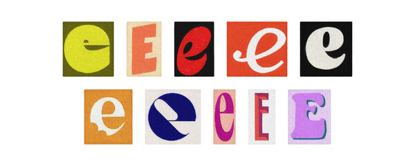 Colorful letter E collage from magazine clippings, isolated transparent PNG
