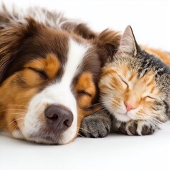 Dog and cat sleeping together, white background cut out png