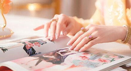 Elegant woman showcasing jewelry while flipping through a fashion magazine indoors
