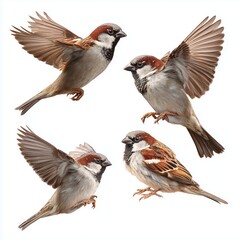 Sparrows in different poses isolated on white background cut out png, white background cut out png
