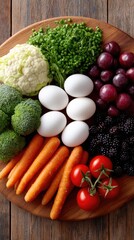 Flat Lay Arrangement of Fresh Produce and Eggs on a Wooden Platter
