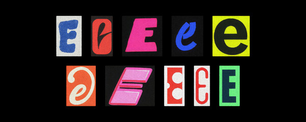 Assorted letter E glyphs, uppercase and lowercase, paper cutouts on black
