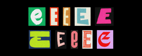 Assorted letter E glyphs, uppercase and lowercase, paper cutouts on black
