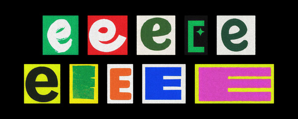 Vintage and modern letter E typography tiles, collage on black background
