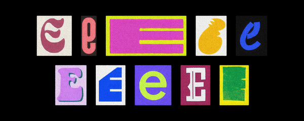 Vintage and modern letter E typography tiles, collage on black background
