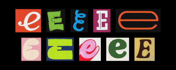 Vintage and modern letter E typography tiles, collage on black background

