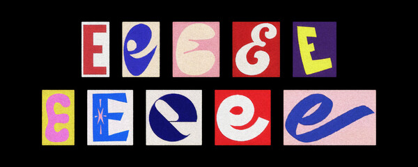 Bold letter E collection in varied styles, magazine collage on black
