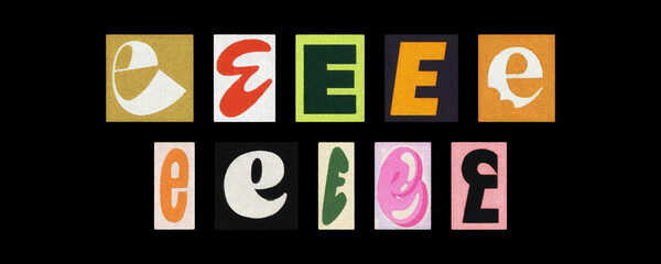 Bold letter E collection in varied styles, magazine collage on black
