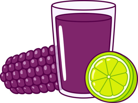 Glass of Chicha morada with purple corn and lime. Traditional drink from Peru. Cartoon vector clip art illustration, cute simple drawing.