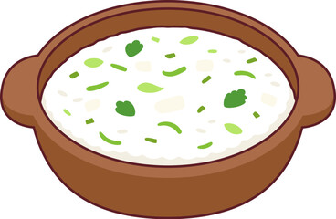 Nanakusa-gayu, traditional Japanese rice porridge with seven herbs. Cartoon vector clip art illustration.