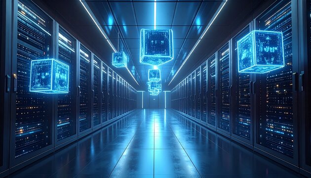 Glowing data cubes hover in a neon-lit server room, visualizing futuristic AI infrastructure.