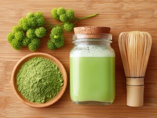 Flat Lay Composition of Matcha Tea Powder Ceremony Components on Wooden Surface