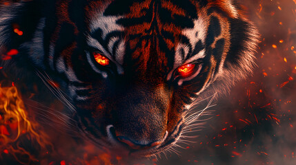 Close-up digital illustration of a tiger with glowing red eyes, surrounded by fiery flames. The image evokes a sense of power and intensity.
