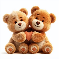 Fototapeta premium Two adorable teddy bears holding a heart, white background cut out png