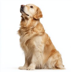 Golden Retriever dog looking up, white background cut out png