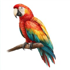 Naklejka premium Colorful macaw parrot on a branch, white background cut out png