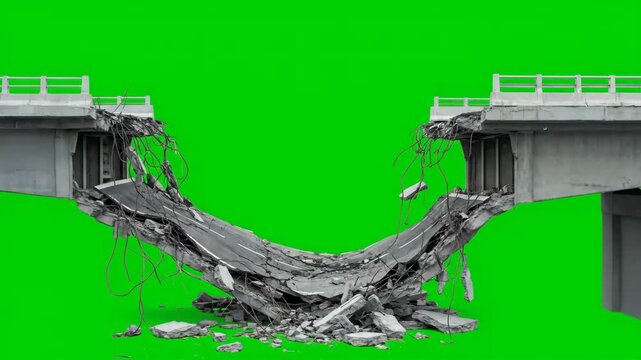 Collapsed Highway Bridge on Green Screen - A detailed 3D video of a collapsed highway bridge against a green screen background.