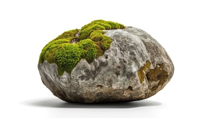 The striking image features a textured, weathered rock formation, partially covered with vibrant green and yellow moss, set against a clean, white background.