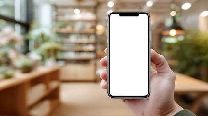 Hand Holding Modern Smartphone with Blank White Screen in a Brightly Lit Store Interior mobile phone