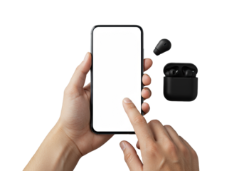 Light-skinned hand gracefully presents black smartphone with blank screen, matte earbud case on seamless transparent, minimalist product display concept.