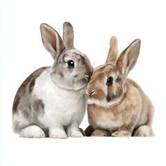 Fototapeta premium Two adorable bunnies cuddling each other, white background cut out png