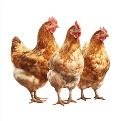 Three brown hens isolated on white background cut out png