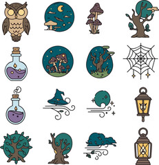 Enchanted Forest Halloween Vector Sticker Icons with Owl, Mushrooms, Potion, Lantern, and Magical Elements
