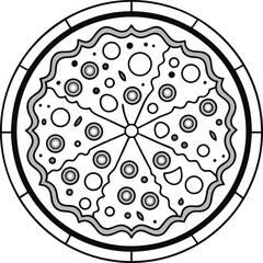 Outline of a pizza whole top view, simplified cartoon clipart.