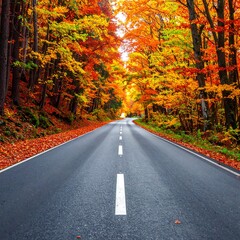 Obraz premium Autumnal road through colorful forest