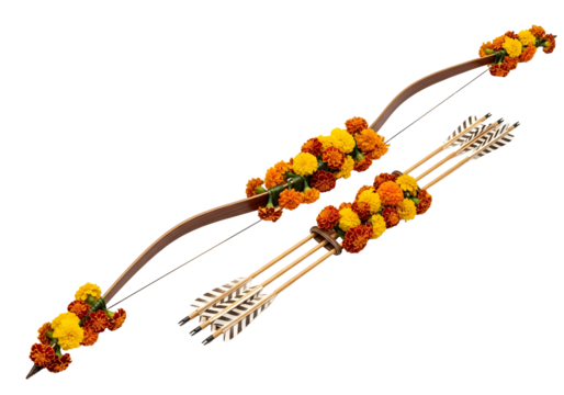 Ornate archery equipment adorned with vibrant marigold flowers, set against a stark black backdrop.