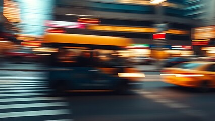 Dynamic urban scene with motion blur and warm tones, capturing the essence of bustling city life.