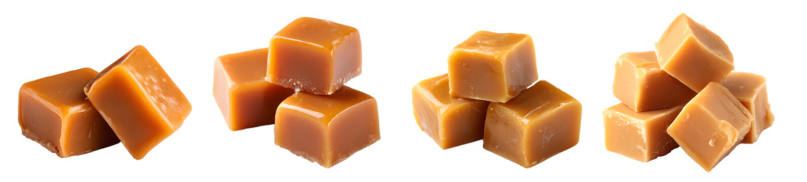 Caramel candy cubes isolated on a transparent PNG background, white background, cut out