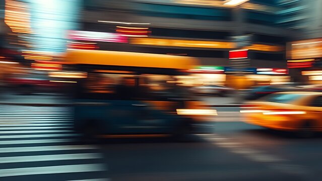 Dynamic urban scene with motion blur and warm tones, capturing the essence of bustling city life.