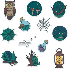 Enchanted Forest Halloween Vector Sticker Icons with Owl, Mushrooms, Potion, Lantern, and Magical Elements