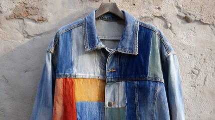 Colorful handmade patchwork denim jacket displayed on a hanger against a textured wall