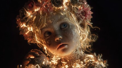 Enchanted Child Surrounded by Flowers and Twinkling Lights