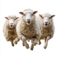 Obraz premium Three sheep jumping, isolated on white background cut out png