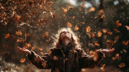 Young Woman Embracing Autumn Leaves in Serene Outdoor Setting