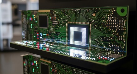 Intricate display of advanced circuitry and microchips, showcasing digital innovation and technological complexity