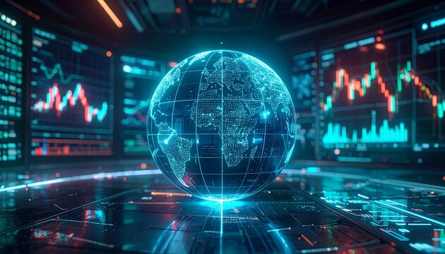 A glowing globe anchors financial data screens, visualizing global markets in a futuristic command hub.
