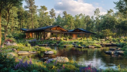 Fototapeta premium Serene Lakeside Retreat in Natures Embrace.